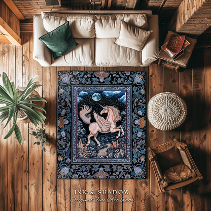 Starlit Blue Pegasus Ethereal Rug | Mystical Castlecore Decor Fairytale Baroque Accent Regal Fantasy Moonlight Forest Maximalist Romantic |
