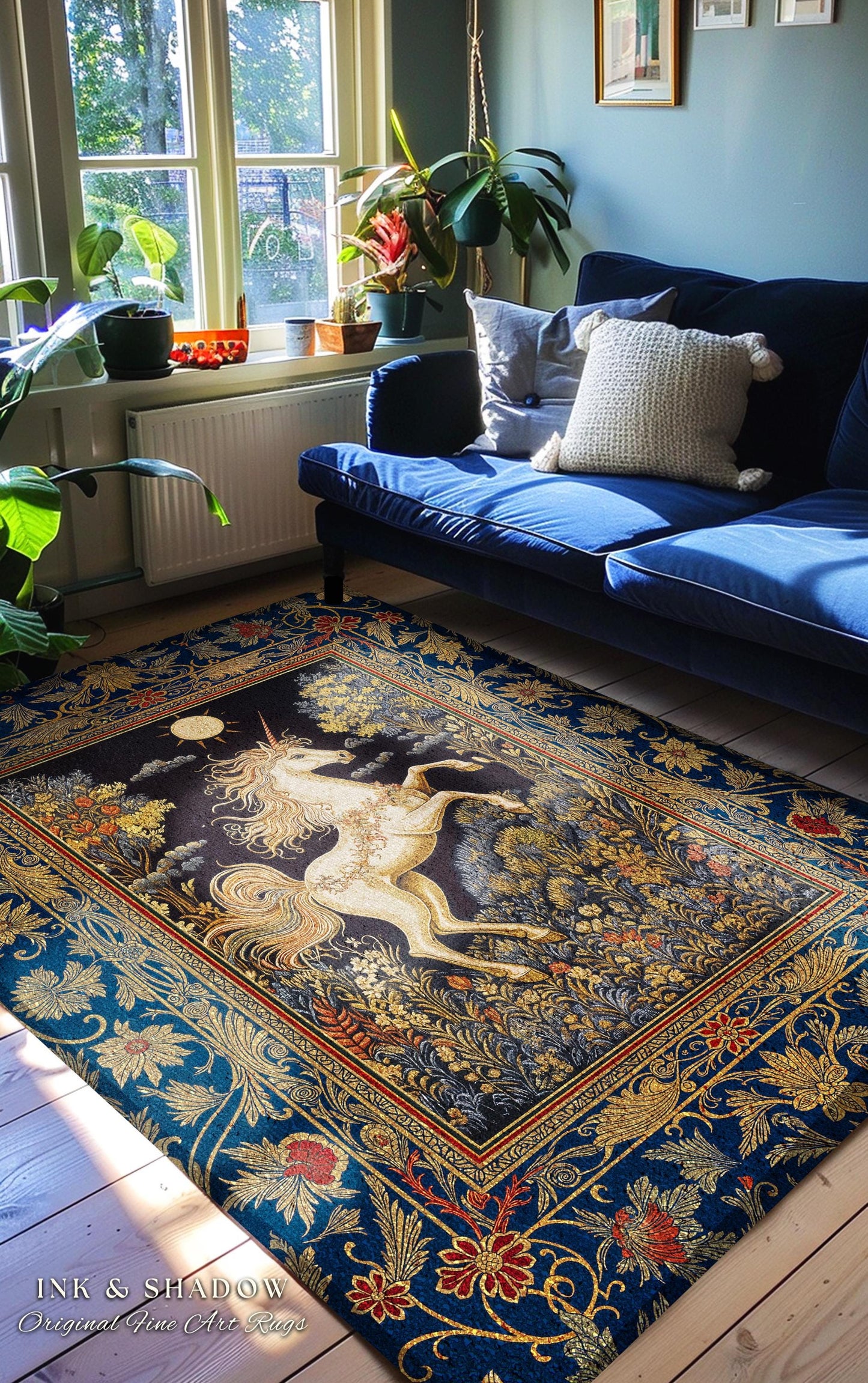 Victorian Unicorn Fairycore Rug | Fairytale Nursery Decor Golden Baroque Home Accent Castlecore Bedroom Romantic Gothic Forest Mystical Rug