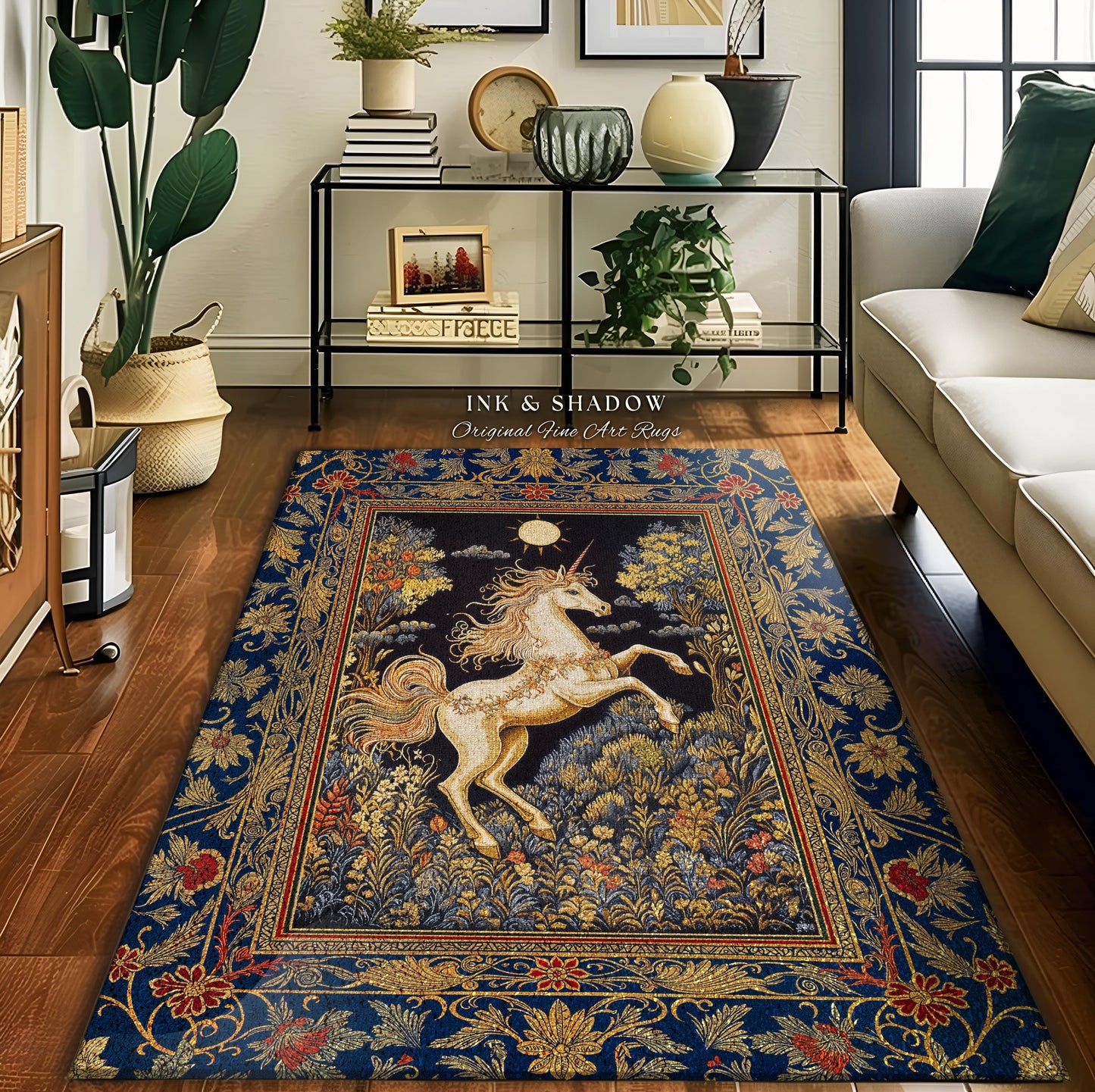 Victorian Unicorn Fairycore Rug | Fairytale Nursery Decor Golden Baroque Home Accent Castlecore Bedroom Romantic Gothic Forest Mystical Rug