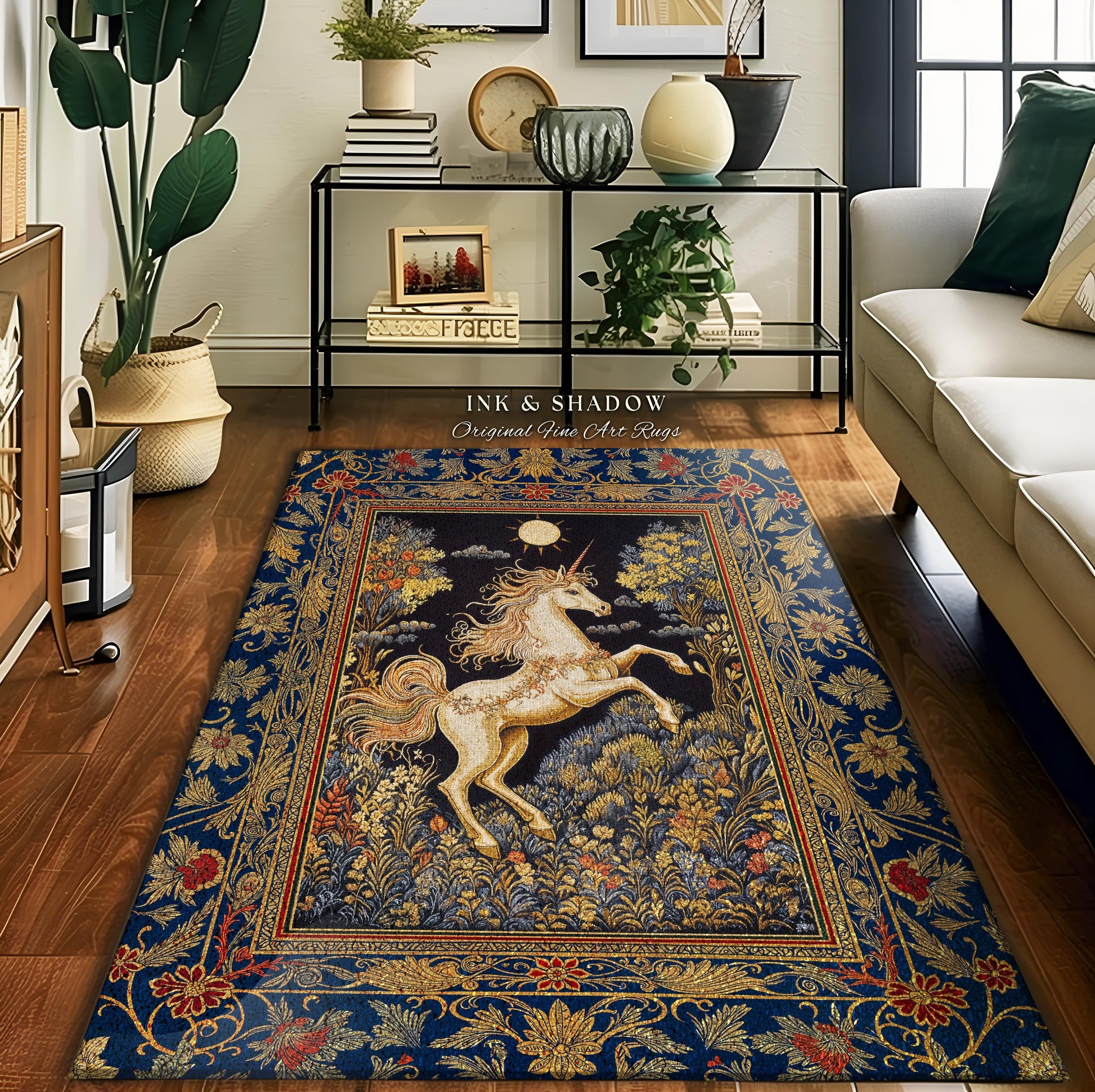Victorian Unicorn Fairycore Rug | Fairytale Nursery Decor Golden Baroque Home Accent Castlecore Bedroom Romantic Gothic Forest Mystical Rug