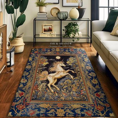 Victorian Unicorn Fairycore Rug | Fairytale Nursery Decor Golden Baroque Home Accent Castlecore Bedroom Romantic Gothic Forest Mystical Rug