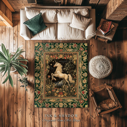 Medieval Fantasy Unicorn Area Rug | Floral Fairytale Pegasus Decor Castlecore Romantic Accent Baroque Style Mystical Forest Gothic Bedroom |