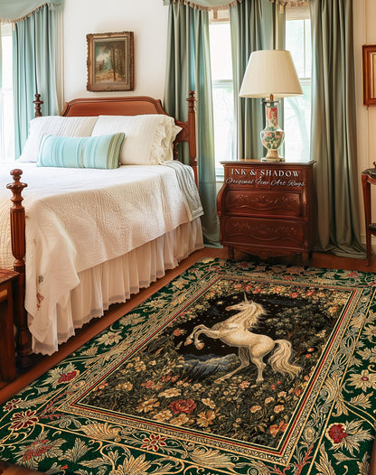 Medieval Fantasy Unicorn Area Rug | Floral Fairytale Pegasus Decor Castlecore Romantic Accent Baroque Style Mystical Forest Gothic Bedroom |