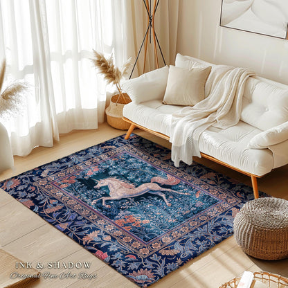 Storybook Unicorn Mystic Area Rug | Pastel Blue Forest Pegasus Accent Fairytale Baroque Decor Romantic Bedroom Mystical Cottagecore Regal