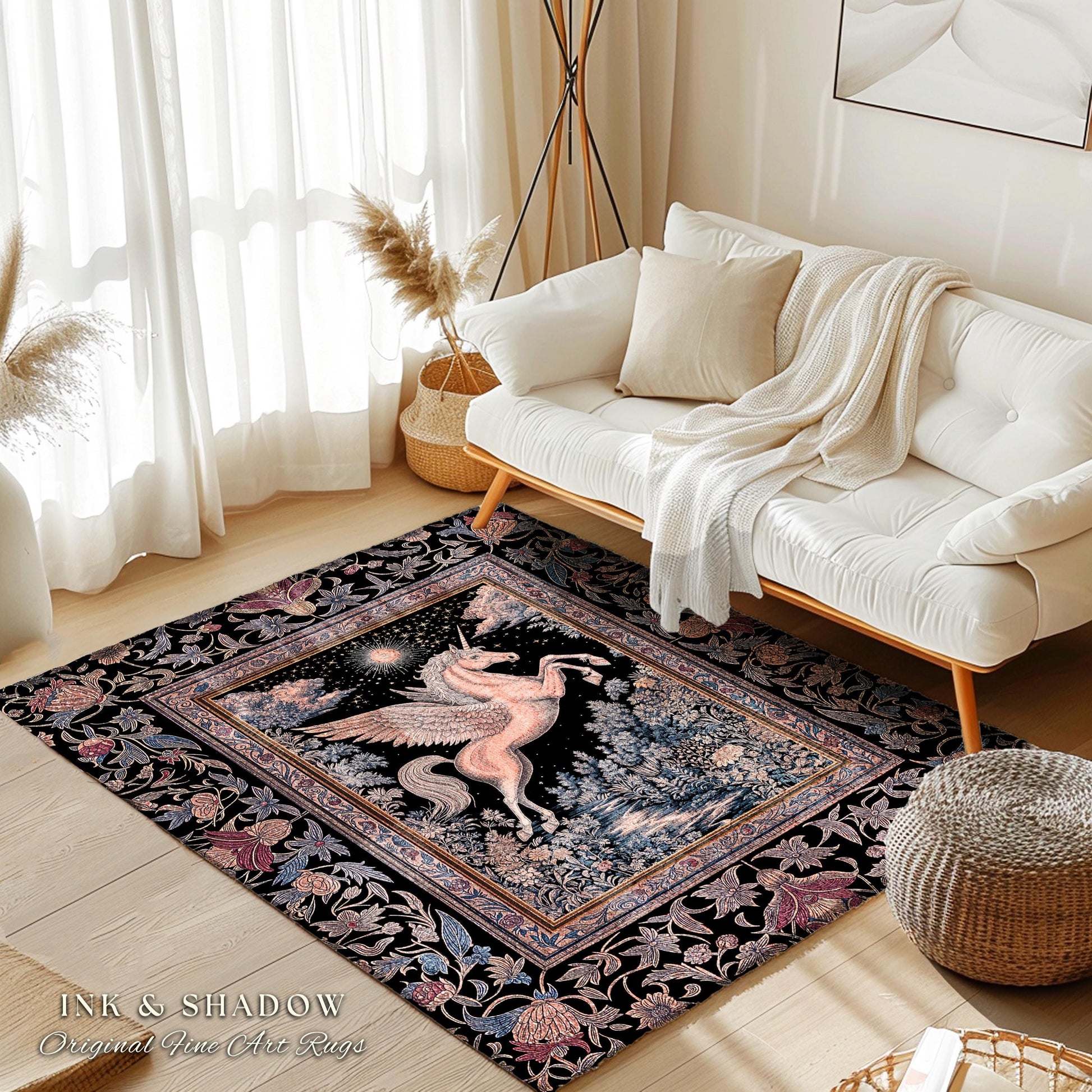 Fairytale Unicorn Fantasy Forest Area Rug | Maximalist Royalcore Decor Pink Castle Theme Gothic Bedroom Pegasus Baroque Fantasy Boho Accent