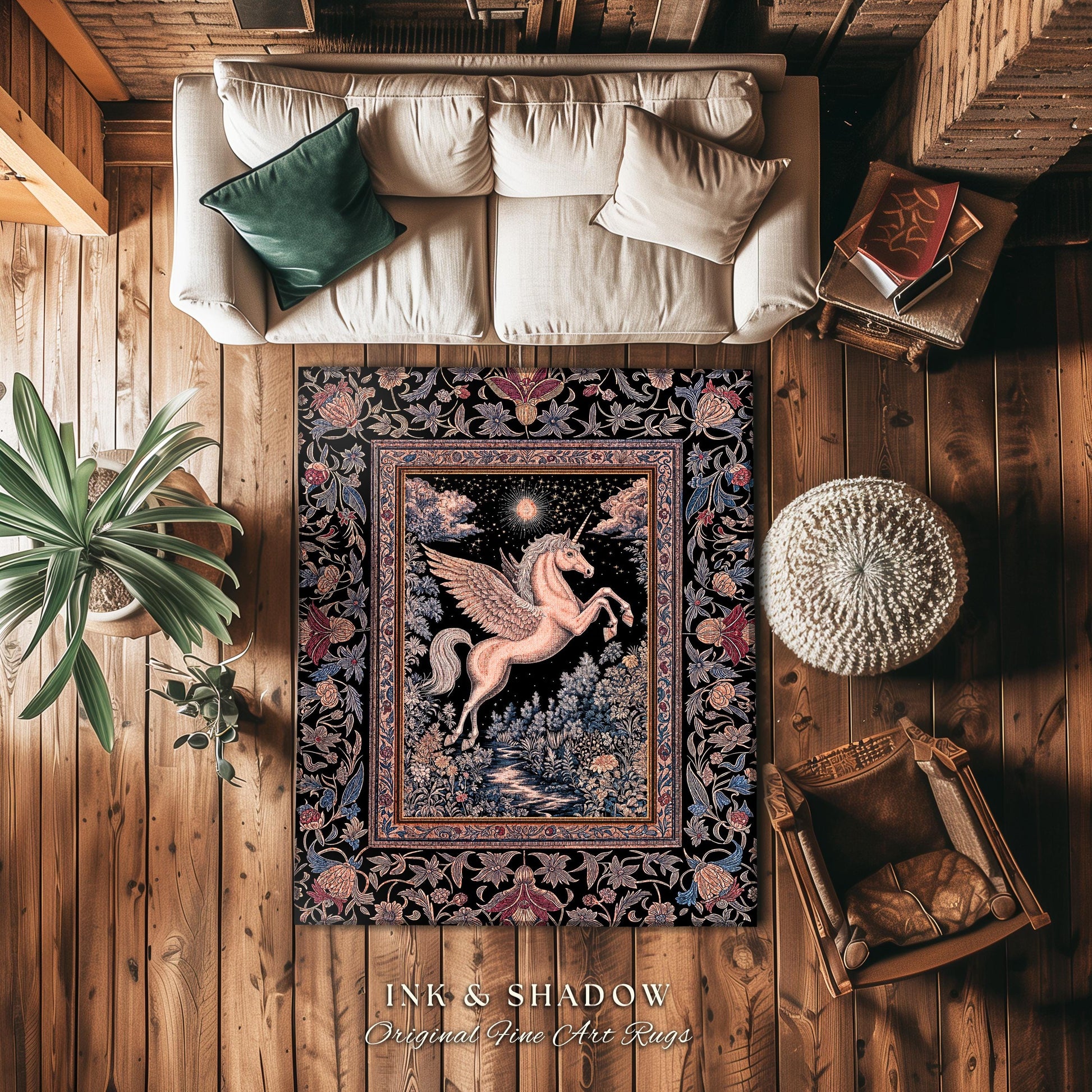 Fairytale Unicorn Fantasy Forest Area Rug | Maximalist Royalcore Decor Pink Castle Theme Gothic Bedroom Pegasus Baroque Fantasy Boho Accent