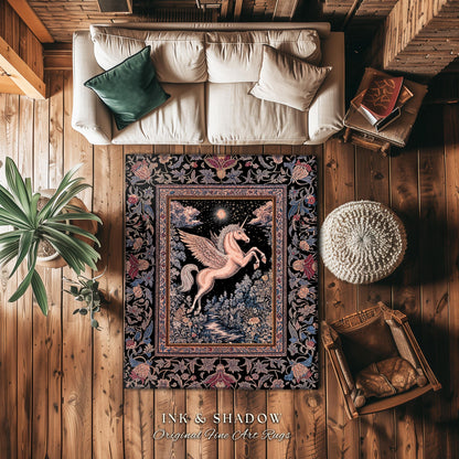 Fairytale Unicorn Fantasy Forest Area Rug | Maximalist Royalcore Decor Pink Castle Theme Gothic Bedroom Pegasus Baroque Fantasy Boho Accent