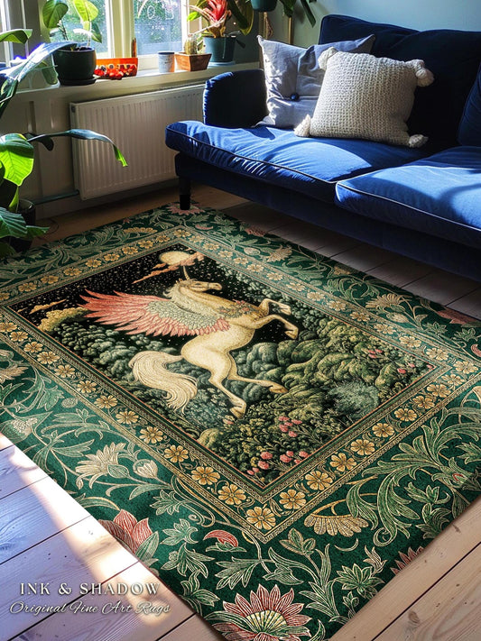 Verdant Landscape Celestial Unicorn Rug | Fairytale Forest Decor Castlecore Maximalist Romantic Baroque Pegasus Fantasy Accent Goth Bedroom