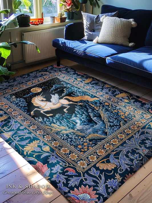 Moody Fantasy Mystic Pegasus Rug | Enchanted Forest Landscape Midnight Sky Unicorn Decor Regal Baroque Fairytale Accent Romantic Castlecore