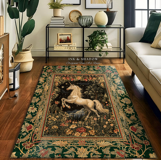 Medieval Fantasy Unicorn Area Rug | Floral Fairytale Pegasus Decor Castlecore Romantic Accent Baroque Style Mystical Forest Gothic Bedroom |