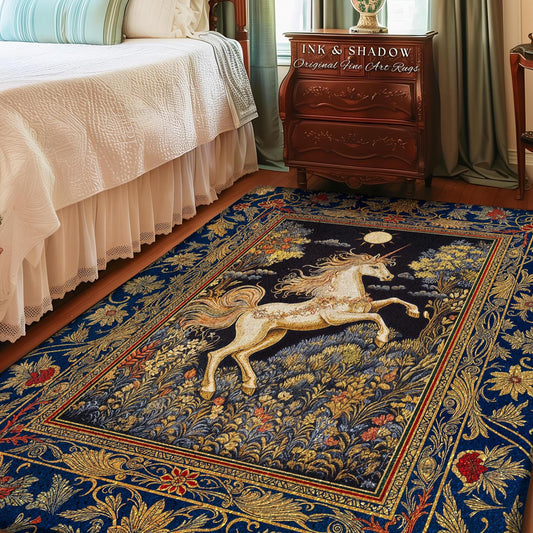 Victorian Unicorn Fairycore Rug | Fairytale Nursery Decor Golden Baroque Home Accent Castlecore Bedroom Romantic Gothic Forest Mystical Rug