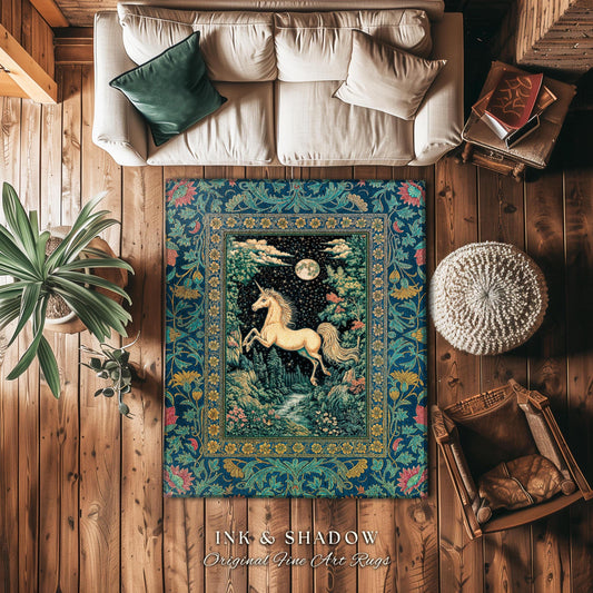 Unicorn Meadow Magical Aesthetic Rug | Castlecore Forest Fantasy Decor Fairytale Accent Regal Mystical Baroque Bedroom Regency Style Decor