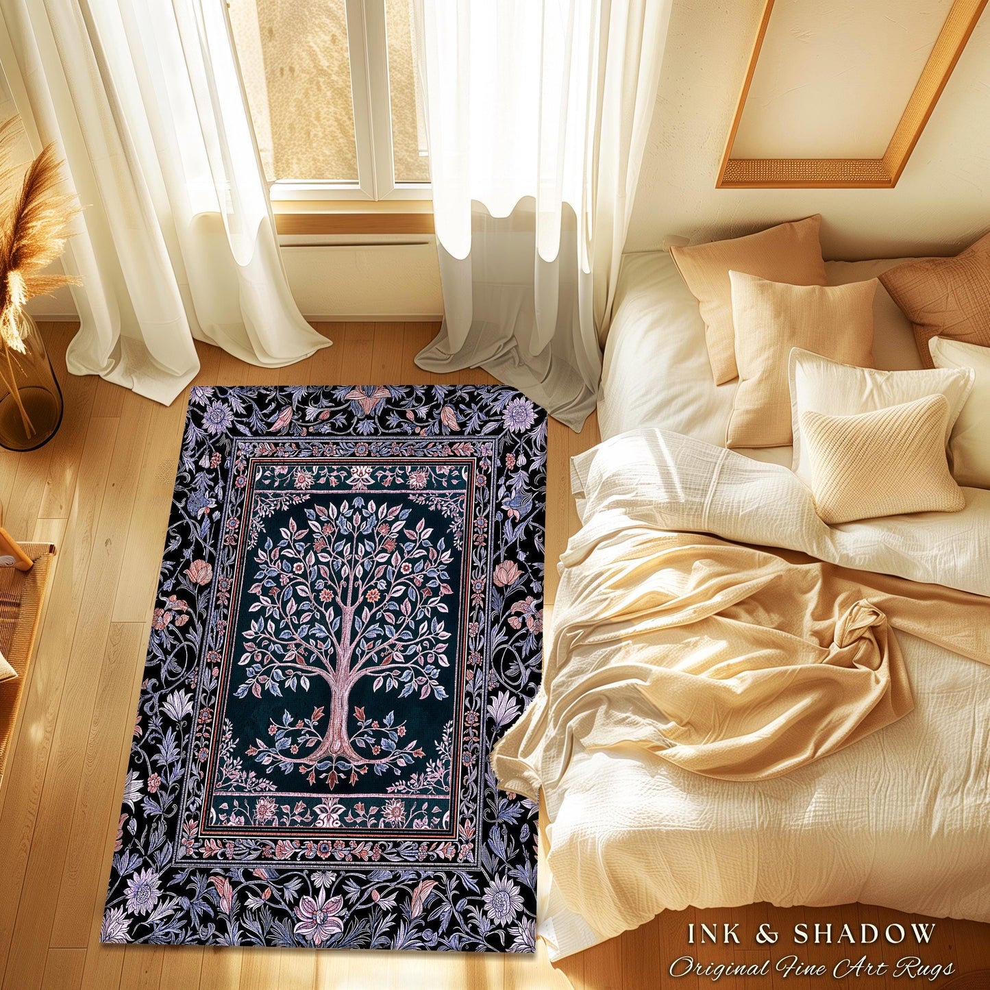 Whimsical Lavender Tree of Life Rug | Pastel Botanical Theme Romantic Cottagecore Decor Medieval Gothic Style Vintage Folk Art Home Accent