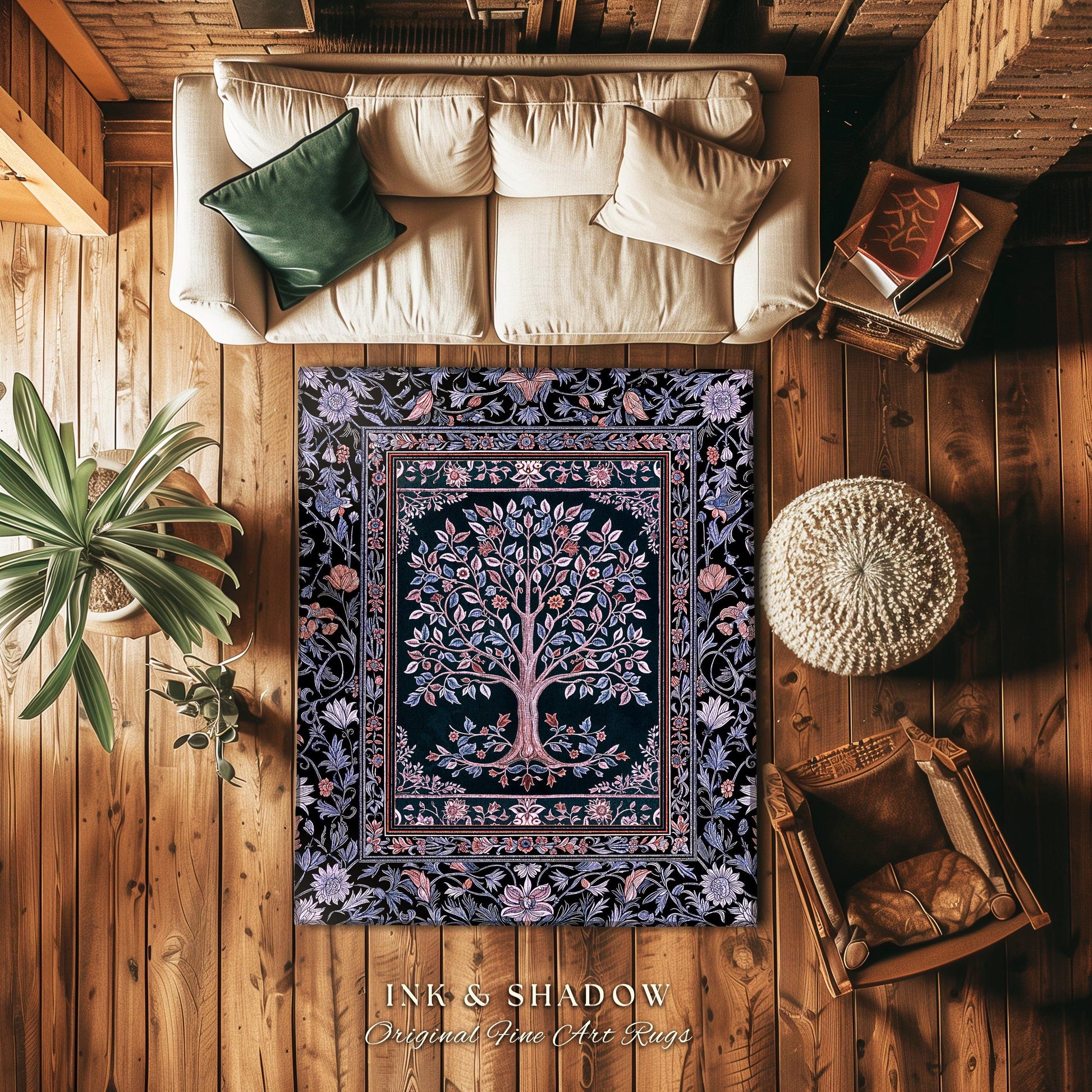Whimsical Lavender Tree of Life Rug | Pastel Botanical Theme Romantic Cottagecore Decor Medieval Gothic Style Vintage Folk Art Home Accent