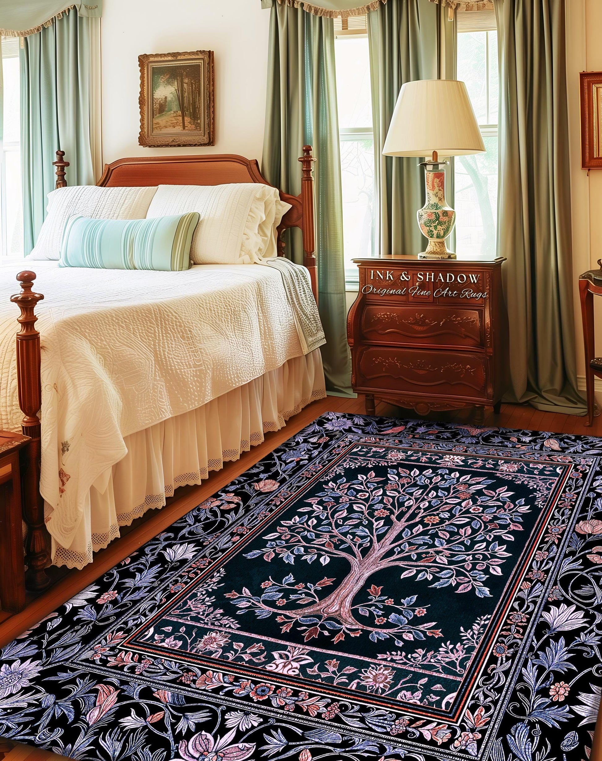 Whimsical Lavender Tree of Life Rug | Pastel Botanical Theme Romantic Cottagecore Decor Medieval Gothic Style Vintage Folk Art Home Accent