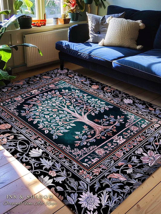 Whimsical Lavender Tree of Life Rug | Pastel Botanical Theme Romantic Cottagecore Decor Medieval Gothic Style Vintage Folk Art Home Accent