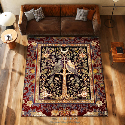 Scandinavian Gothic Crow Accent Rug | Gothic Bohemian Whimsigothic Aesthetic Classical Vibes Dark Witch Bedroom Accent Baroque Maximalist |