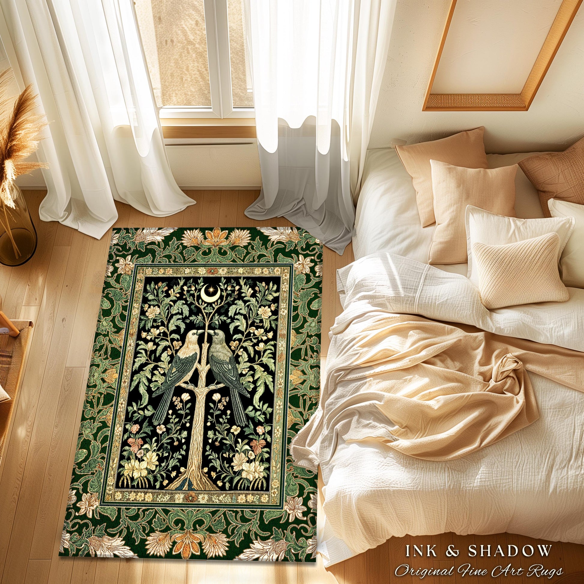 Woodland Raven Gothic Sage Area Rug | Medieval Botanical Folklore Inspired Bedroom Nature Moonlit Cottagecore Cozy Vintage Aesthetic Accent