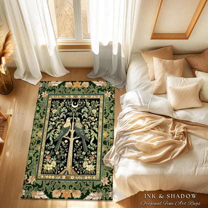 Woodland Raven Gothic Sage Area Rug | Medieval Botanical Folklore Inspired Bedroom Nature Moonlit Cottagecore Cozy Vintage Aesthetic Accent