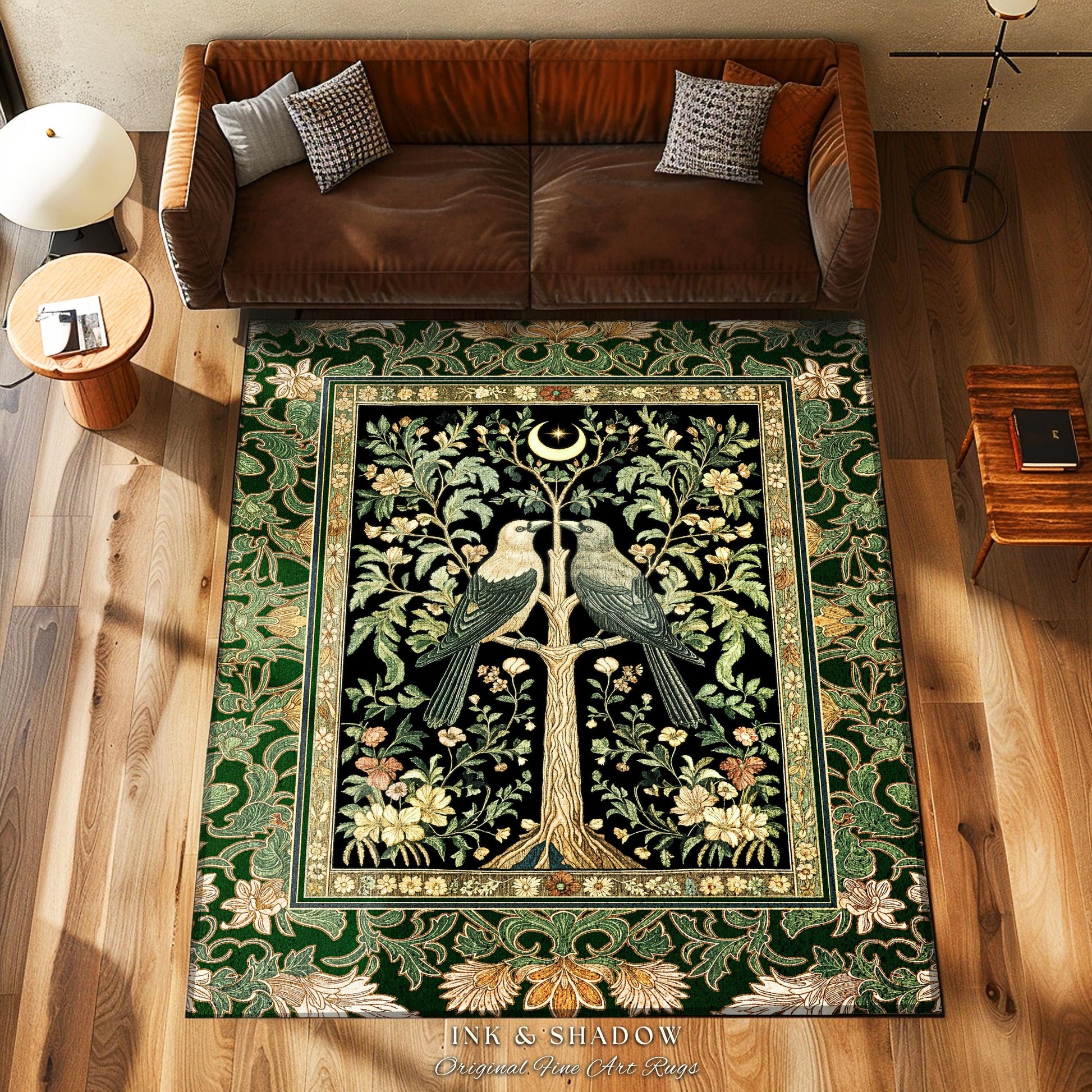 Woodland Raven Gothic Sage Area Rug | Medieval Botanical Folklore Inspired Bedroom Nature Moonlit Cottagecore Cozy Vintage Aesthetic Accent