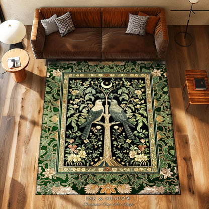 Woodland Raven Gothic Sage Area Rug | Medieval Botanical Folklore Inspired Bedroom Nature Moonlit Cottagecore Cozy Vintage Aesthetic Accent
