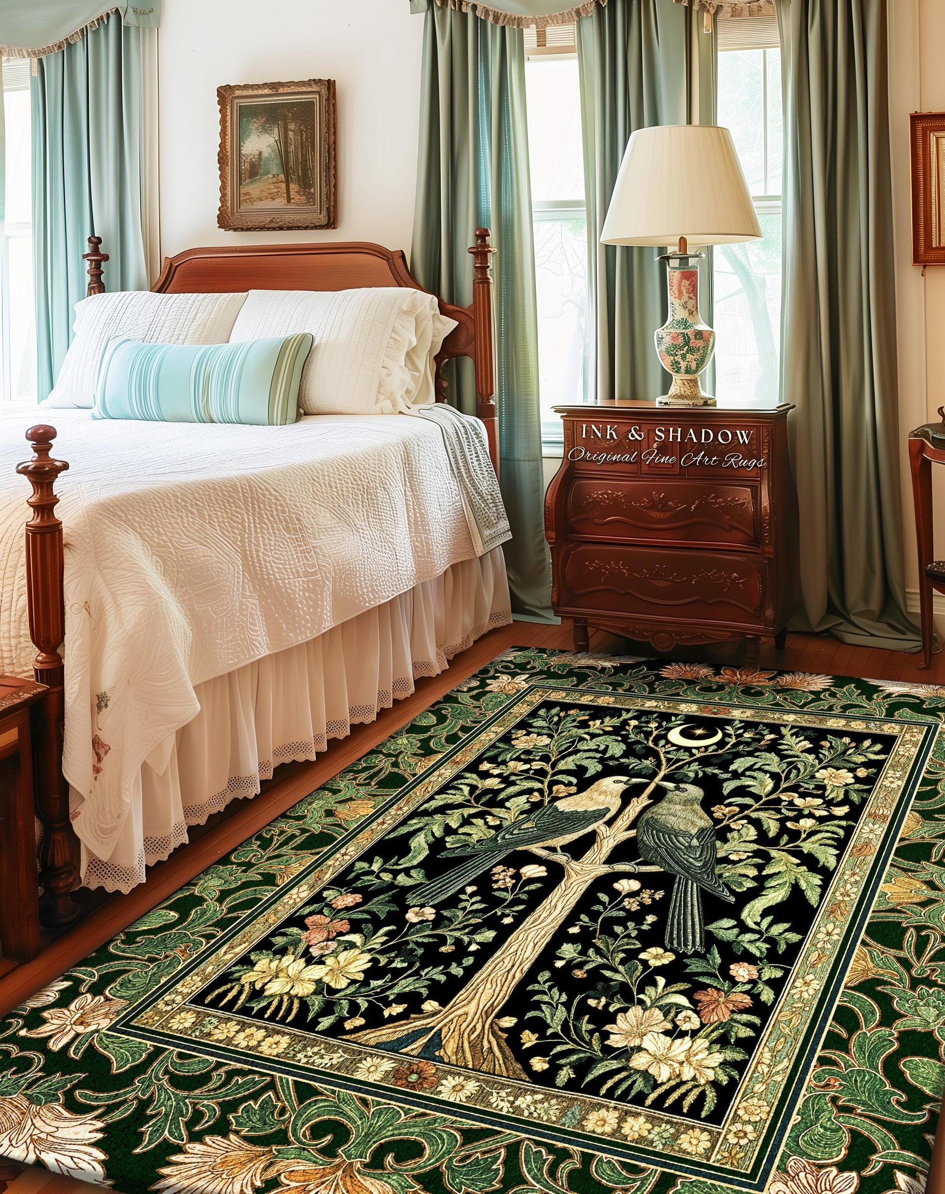 Woodland Raven Gothic Sage Area Rug | Medieval Botanical Folklore Inspired Bedroom Nature Moonlit Cottagecore Cozy Vintage Aesthetic Accent