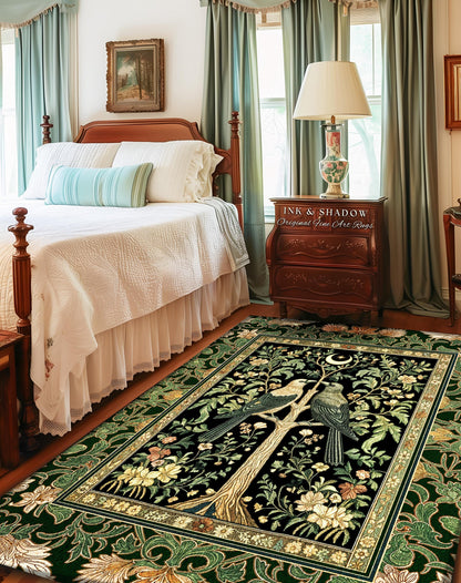 Woodland Raven Gothic Sage Area Rug | Medieval Botanical Folklore Inspired Bedroom Nature Moonlit Cottagecore Cozy Vintage Aesthetic Accent