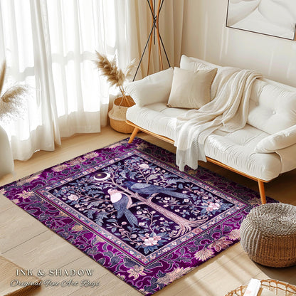 Witchy Purple Moonlit Raven Area Rug | Gothic Floral Moody Whimsical Dark Folklore Baroque Bedroom Accent Autumnal Whimsigothic Style Dorm |