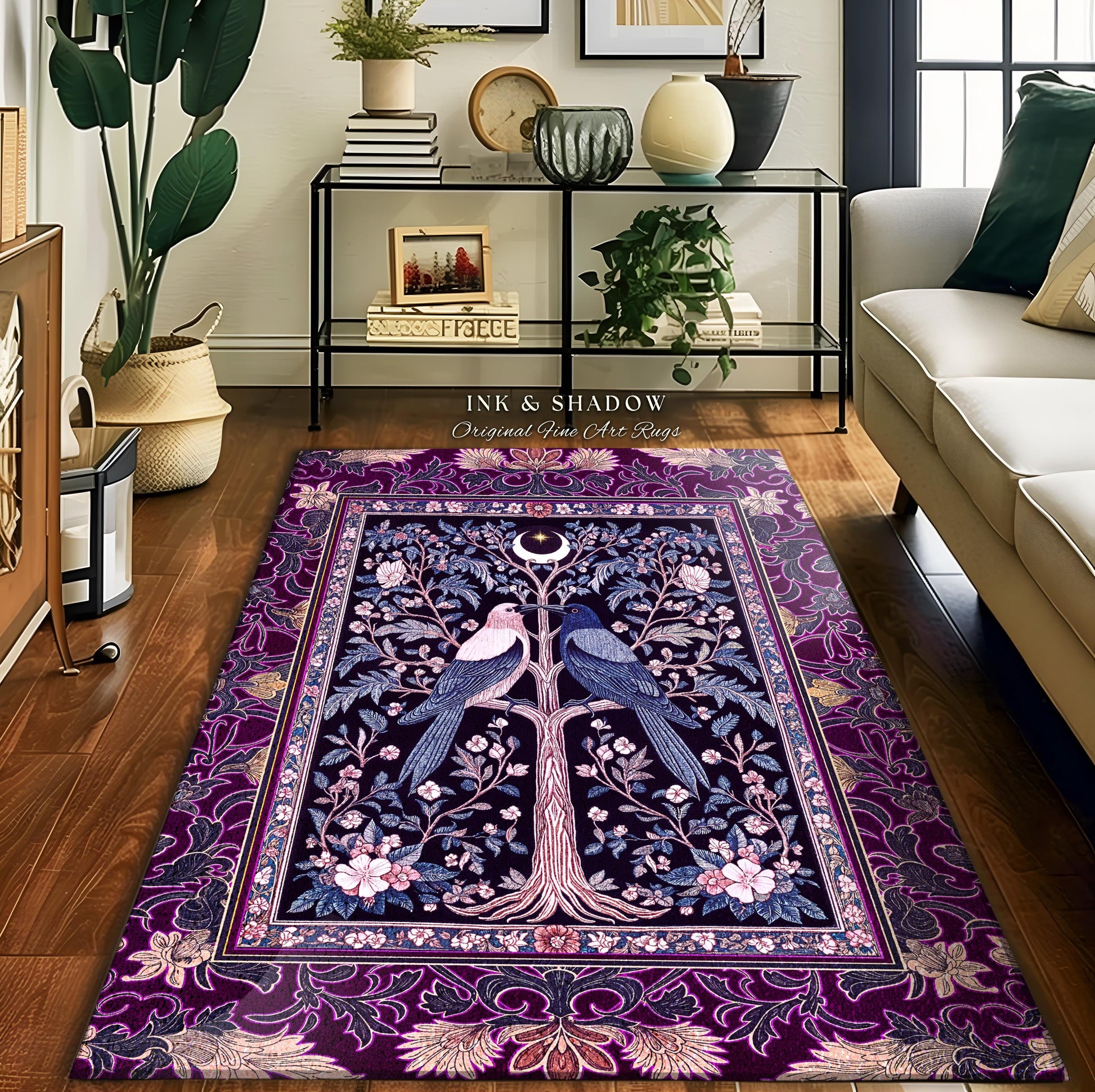Witchy Purple Moonlit Raven Area Rug | Gothic Floral Moody Whimsical Dark Folklore Baroque Bedroom Accent Autumnal Whimsigothic Style Dorm |