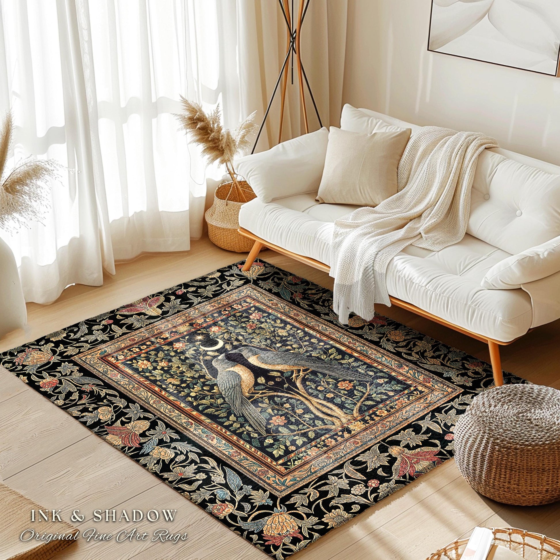 Botanical Moonlight Raven Accent Rug | Enchanted Celestial Golden Baroque Garden Crowcore Decor Dark Gothic Romance Whimsical Forest Art Rug