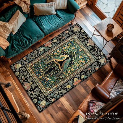 Rustic Celestial Garden Crow Rug | Maximalist Baroque Fairytale Cottagecore Aesthetic Raven Pair Storybook Enchanted Bedroom Accent Bohemian