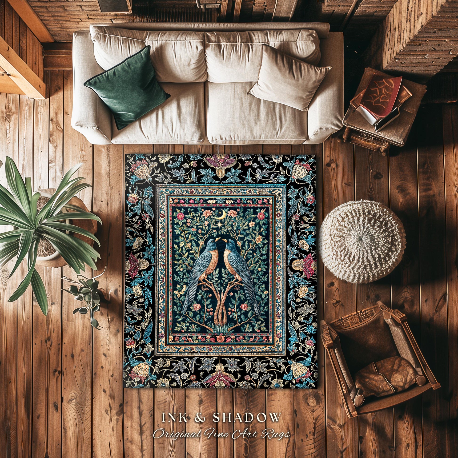 Baroque Celestial Gothic Crow Rug | Dark Academia Victorian Raven Decor Forest Cottagecore Aesthetic Cozy Moody Accent Enchanted Style Room