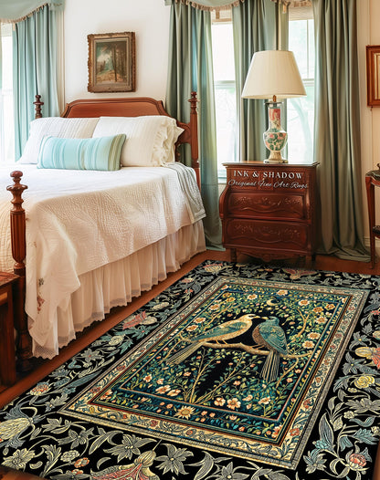 Rustic Celestial Garden Crow Rug | Maximalist Baroque Fairytale Cottagecore Aesthetic Raven Pair Storybook Enchanted Bedroom Accent Bohemian