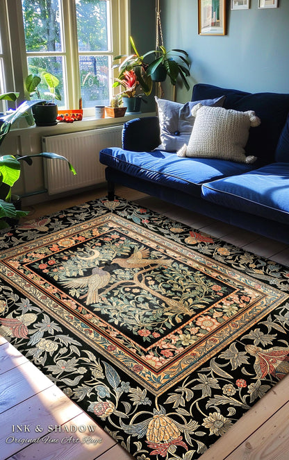 Fairytale Forest Crowcore Accent Rug | Baroque Cottagecore Style Celestial Raven Lovers Decor Cozy Dark Academia Inspired Enchanted Style |