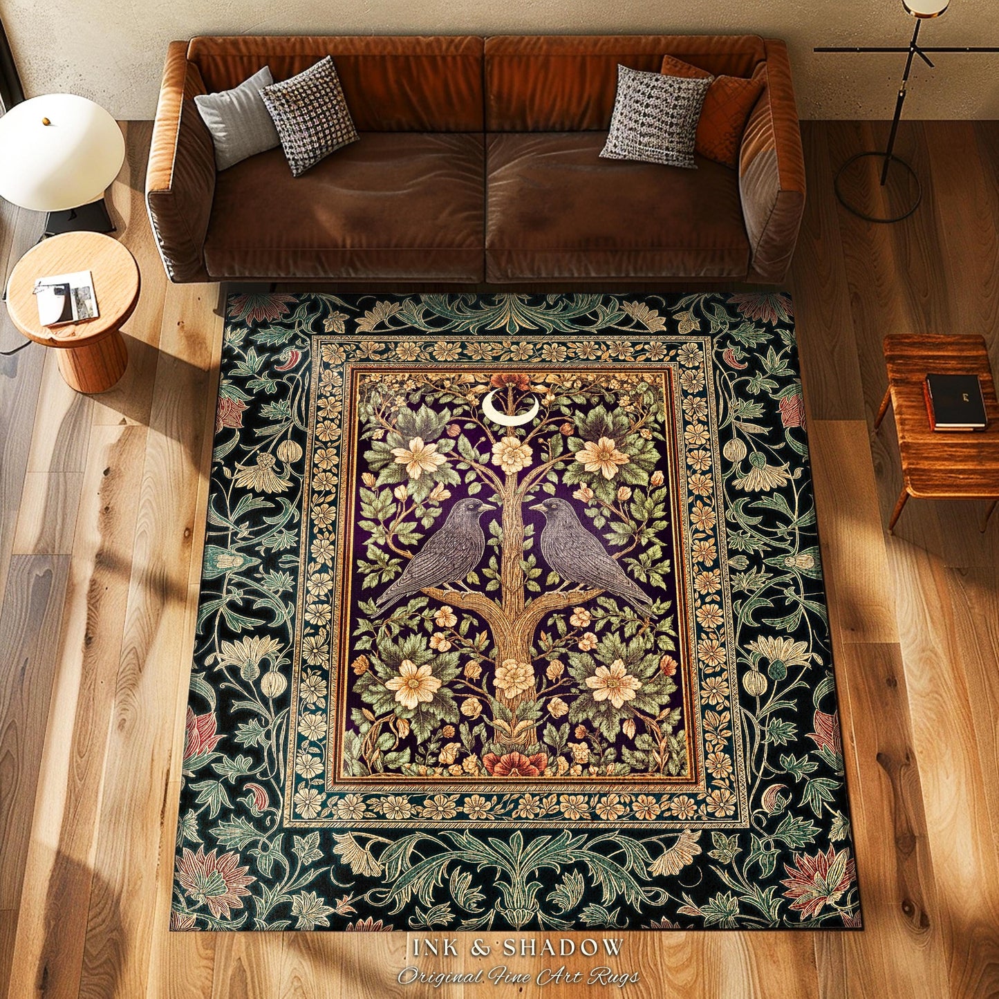 Bohemian Botanical Bird Rug | Cozy Baroque Floral Decor Cottagecore Accent Rustic Victorian Style Bedroom Crowcore Autumnal Dark Fairytale