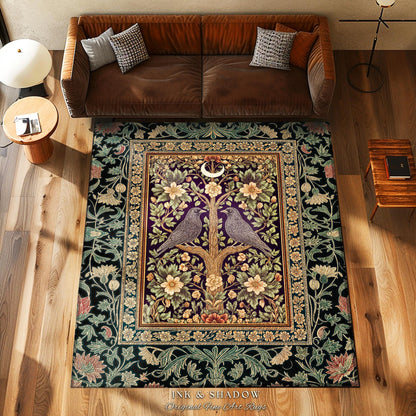 Bohemian Botanical Bird Rug | Cozy Baroque Floral Decor Cottagecore Accent Rustic Victorian Style Bedroom Crowcore Autumnal Dark Fairytale