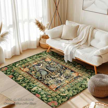 Rustic Garden Maximalist Raven Rug | Gothic Cottagecore Decor Baroque Forest Style Cozy Autumnal Accent Botanical Bedroom Antique Inspired