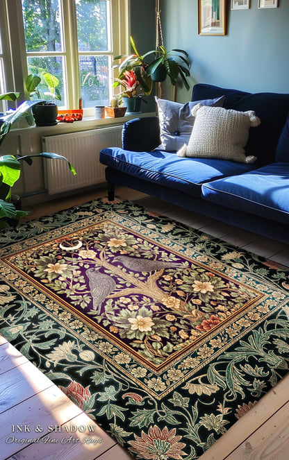 Bohemian Botanical Bird Rug | Cozy Baroque Floral Decor Cottagecore Accent Rustic Victorian Style Bedroom Crowcore Autumnal Dark Fairytale