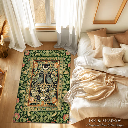 Rustic Garden Maximalist Raven Rug | Gothic Cottagecore Decor Baroque Forest Style Cozy Autumnal Accent Botanical Bedroom Antique Inspired