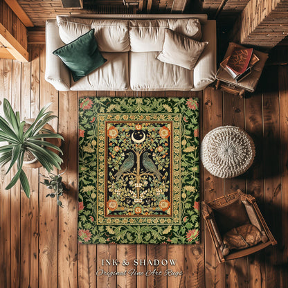 Rustic Garden Maximalist Raven Rug | Gothic Cottagecore Decor Baroque Forest Style Cozy Autumnal Accent Botanical Bedroom Antique Inspired
