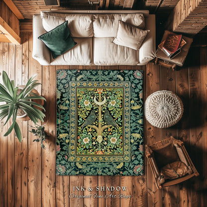 Muted Green Botanical Raven Rug | Rustic Forest Decor Baroque Celestial Accent Cottagecore Bedroom Vintage Inspired Enchanted Fairytale Boho