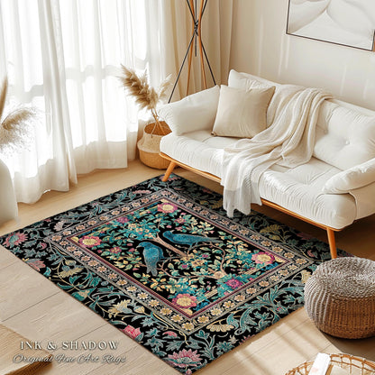 Retro Floral Baroque Crow Area Rug | Antique Inspired Decor French Cottage Accent Autumnal Aesthetic Celestial Bedroom Mystical Enchanted |
