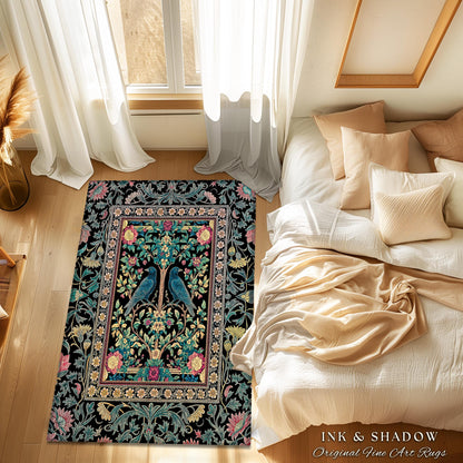 Retro Floral Baroque Crow Area Rug | Antique Inspired Decor French Cottage Accent Autumnal Aesthetic Celestial Bedroom Mystical Enchanted |