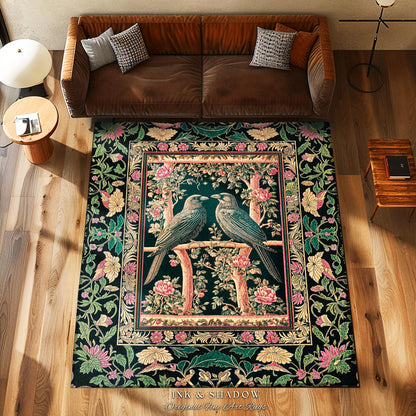 Enchanted Storybook Floral Area Rug | Cottagecore Gothic Accent Dark Academia Baroque Botanical Celestial Bedroom Mystical Maximalist Ravens