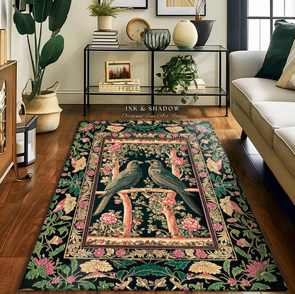 Enchanted Storybook Floral Area Rug | Cottagecore Gothic Accent Dark Academia Baroque Botanical Celestial Bedroom Mystical Maximalist Ravens