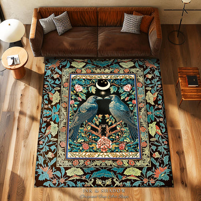 Midnight Garden Gothic Raven Rug | Celestial Victorian Accent Cozy Cottagecore Forest Style Antique Inspired Baroque Dark Academia Bedroom |