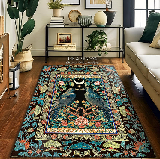 Midnight Garden Gothic Raven Rug | Celestial Victorian Accent Cozy Cottagecore Forest Style Antique Inspired Baroque Dark Academia Bedroom |