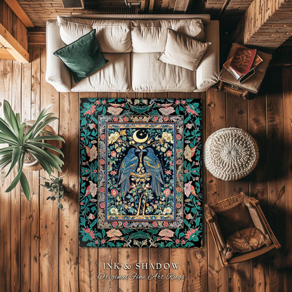 Witchy Mystic Crowcore Celestial Rug | Scandinavian Fairytale Cozy Home Accent Raven Symbolism Gothic Bedroom Mystical Room Forest Inspired