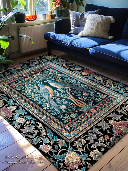 Baroque Celestial Gothic Crow Rug | Dark Academia Victorian Raven Decor Forest Cottagecore Aesthetic Cozy Moody Accent Enchanted Style Room