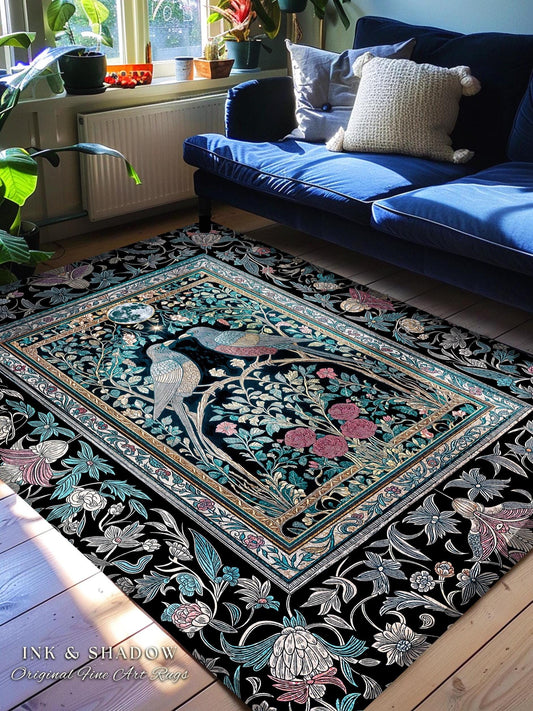 Dark Cottagecore Raven Accent Rug | Enchanted Celestial Style Cozy Gothic Baroque Bedroom Decor Crowcore Moon Whimsical Antique Inspired |